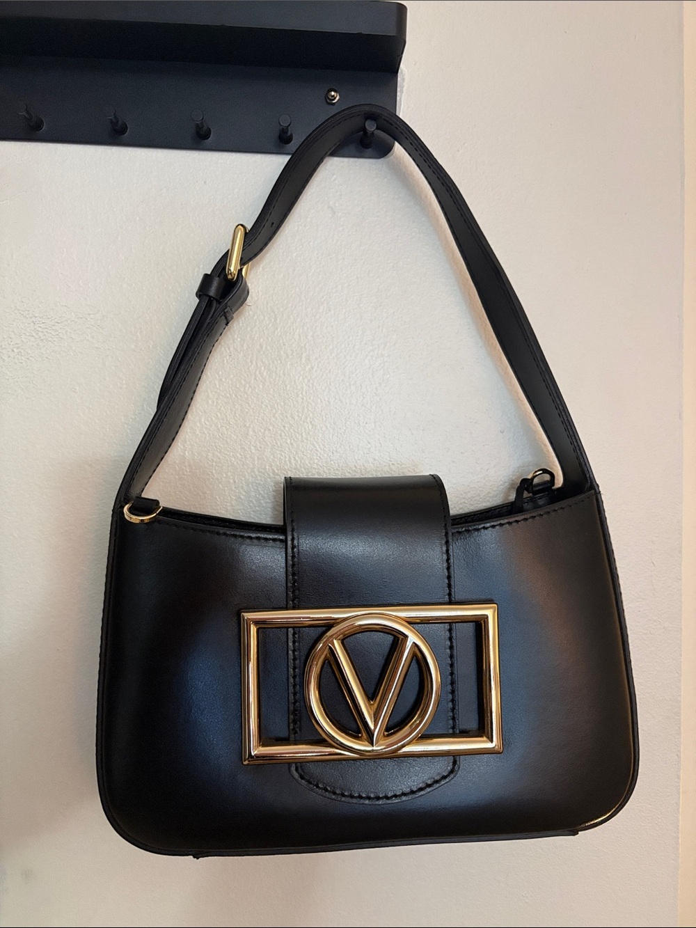 Valentino Black Shoulder Bag with Gold Logo Frame